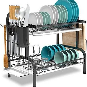 Custom Stainless Steel Metal Black Rustproof Drainboard Plate Drying Kitchen Organizer Over Sink 2 Tier Dish Drying Drainer Rack