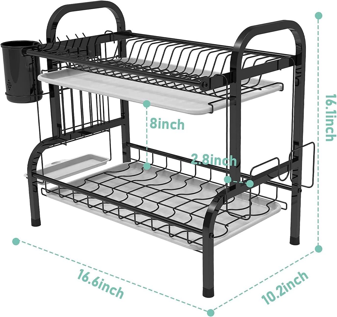 Custom Stainless Steel Metal Black Rustproof Drainboard Plate Drying Kitchen Organizer Over Sink 2 Tier Dish Drying Drainer Rack