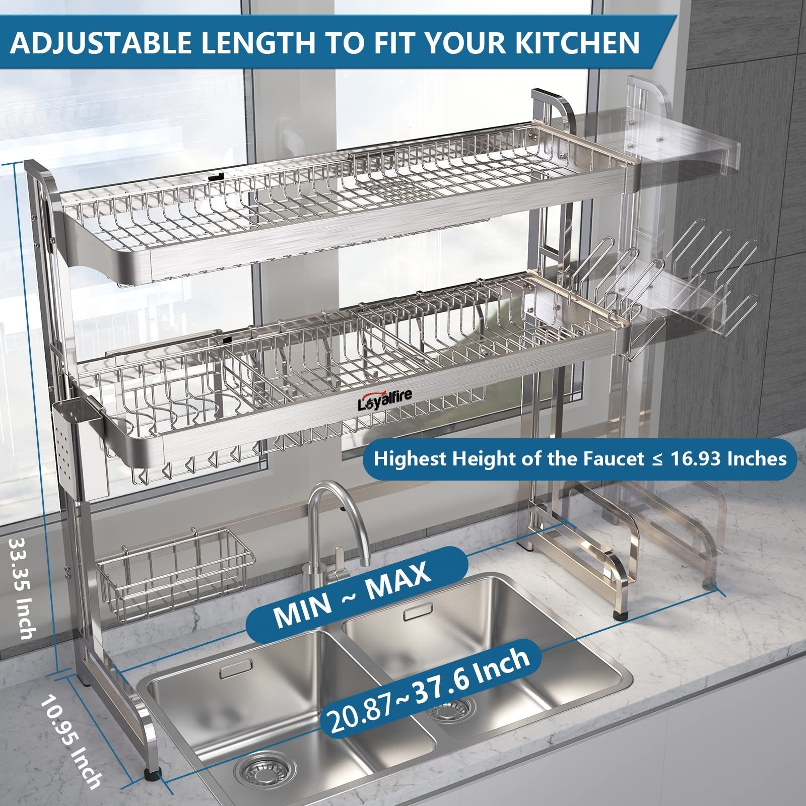 Adjustable Length Over Sink Drying Stainless Steel Cabinet Organizer 3 Tier Dish Rack Kitchen Storage Dish Drying Rack