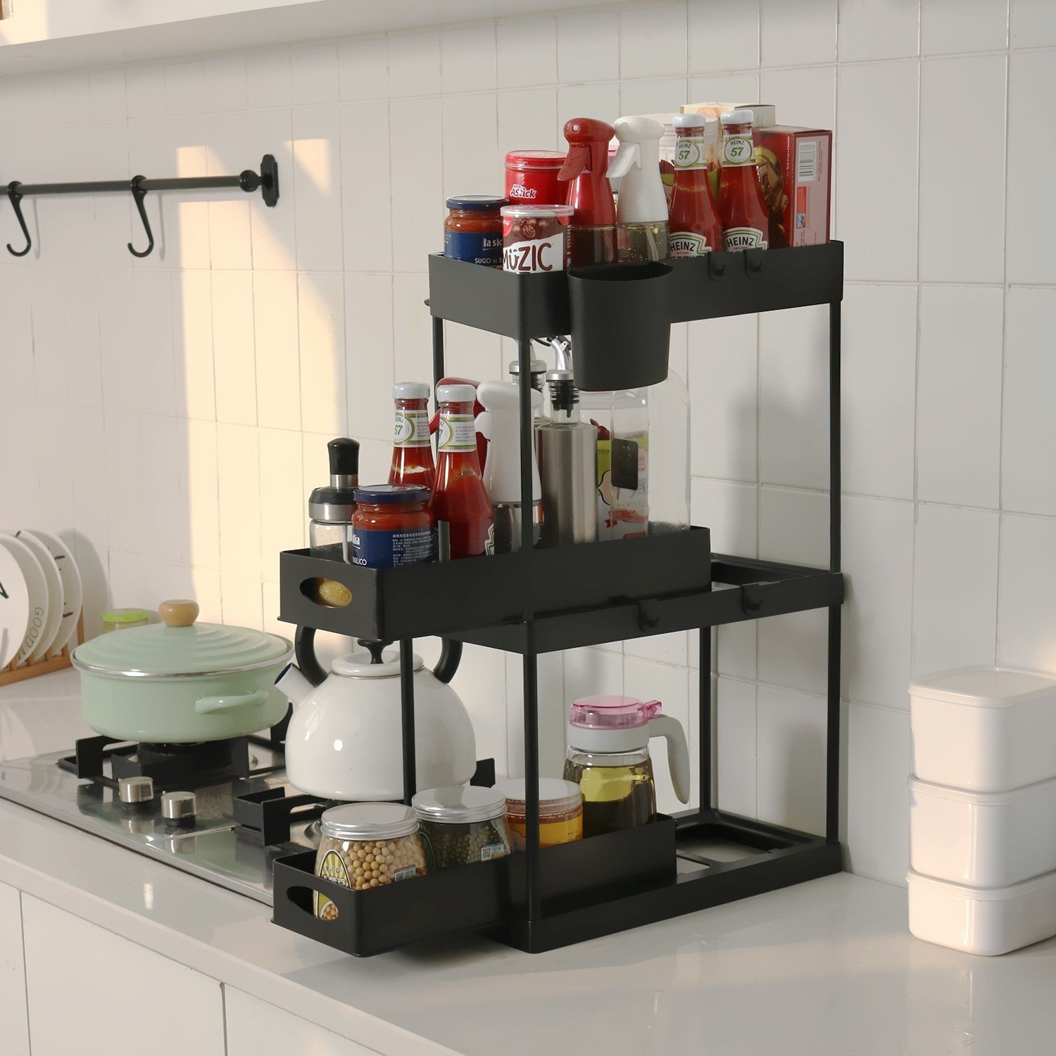 Organizer for Bathroom Kitchen 2-Tier Pull Out Cabinet Organizer Kitchen Drawer Sliding Plastic Cabinet Organizer