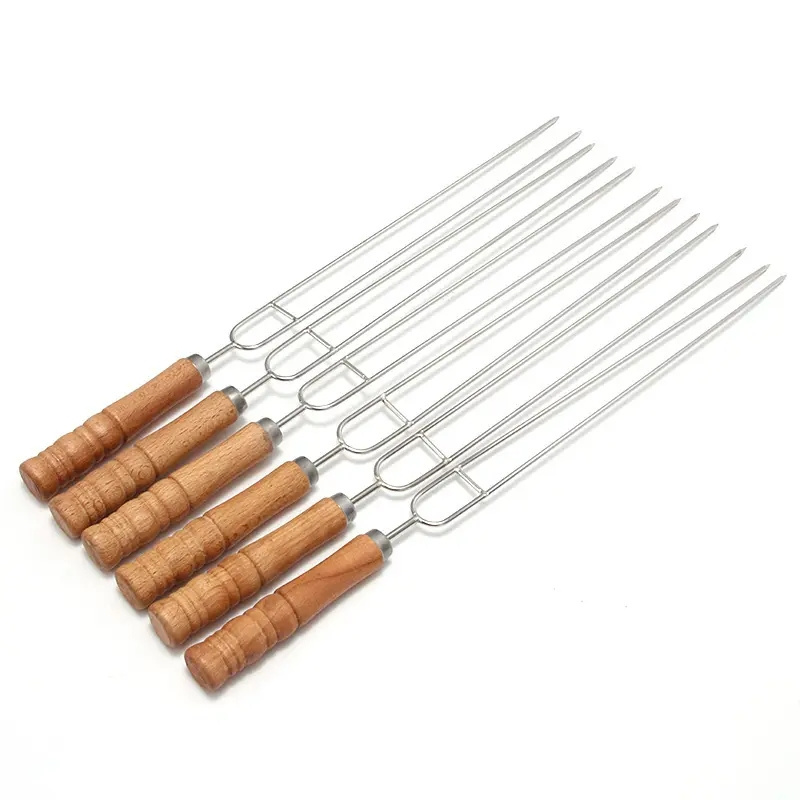 Stainless steel double-needle barbecue fork outdoor camping multi tool skewers kit 10pcs bbq sticks grill set with wooden handle