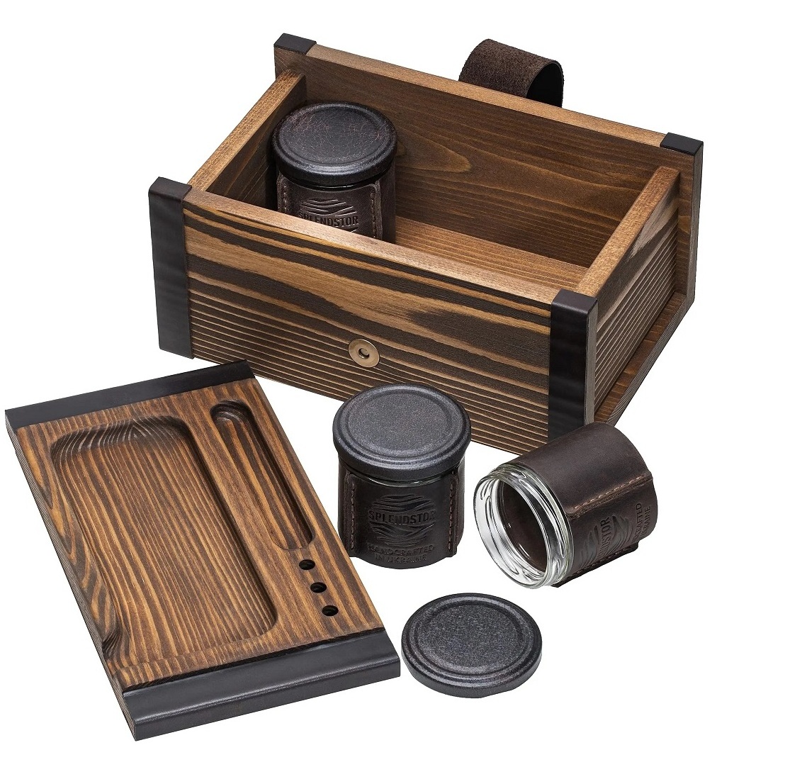 Handmade Wooden Smell Proof Jar Storage Hash Herb Box Organizer Vanilla Grinder Smoking Accessories Stash Box With Rolling Tray