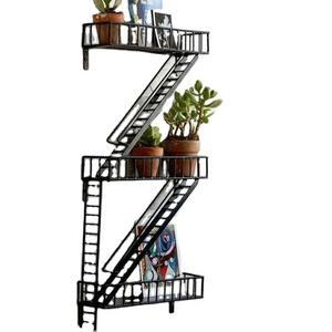 Rustic Black Fire Escape Black Metal Unique Home Storage Organization Display For Wall Floating Shelves