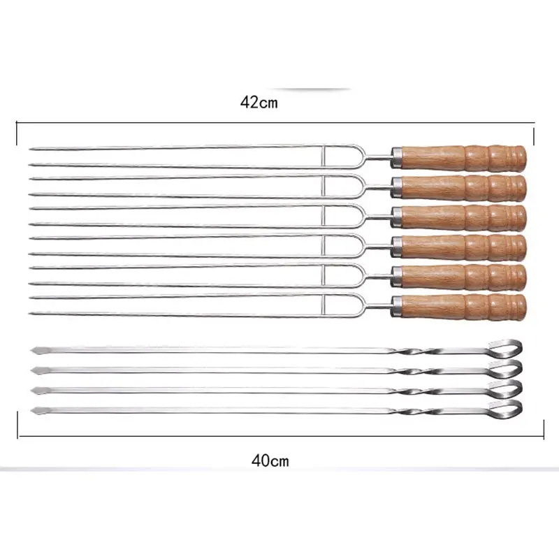 Stainless steel double-needle barbecue fork outdoor camping multi tool skewers kit 10pcs bbq sticks grill set with wooden handle