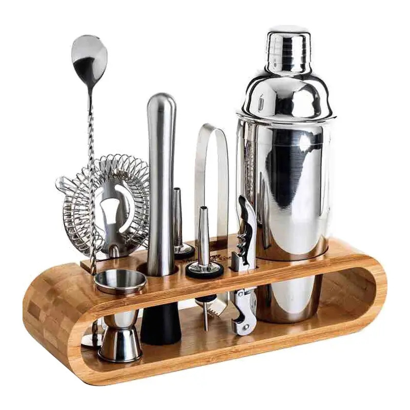 Stainless Steel Barware Drink Mixology Bartender Tools Set Novelty Bar Bartending Cocktail Shaker Kit With Bamboo Stand