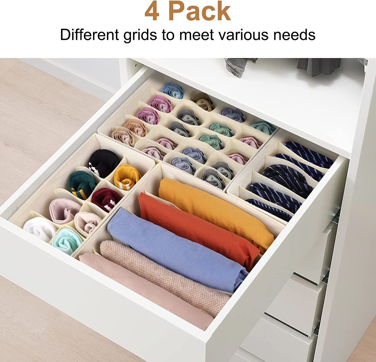 4 Pack Fabric Wardrobe Cabinet Closet Collapsible Foldable Drawer Divider Organizers Box Bra Sock Underwear Storage Organizer