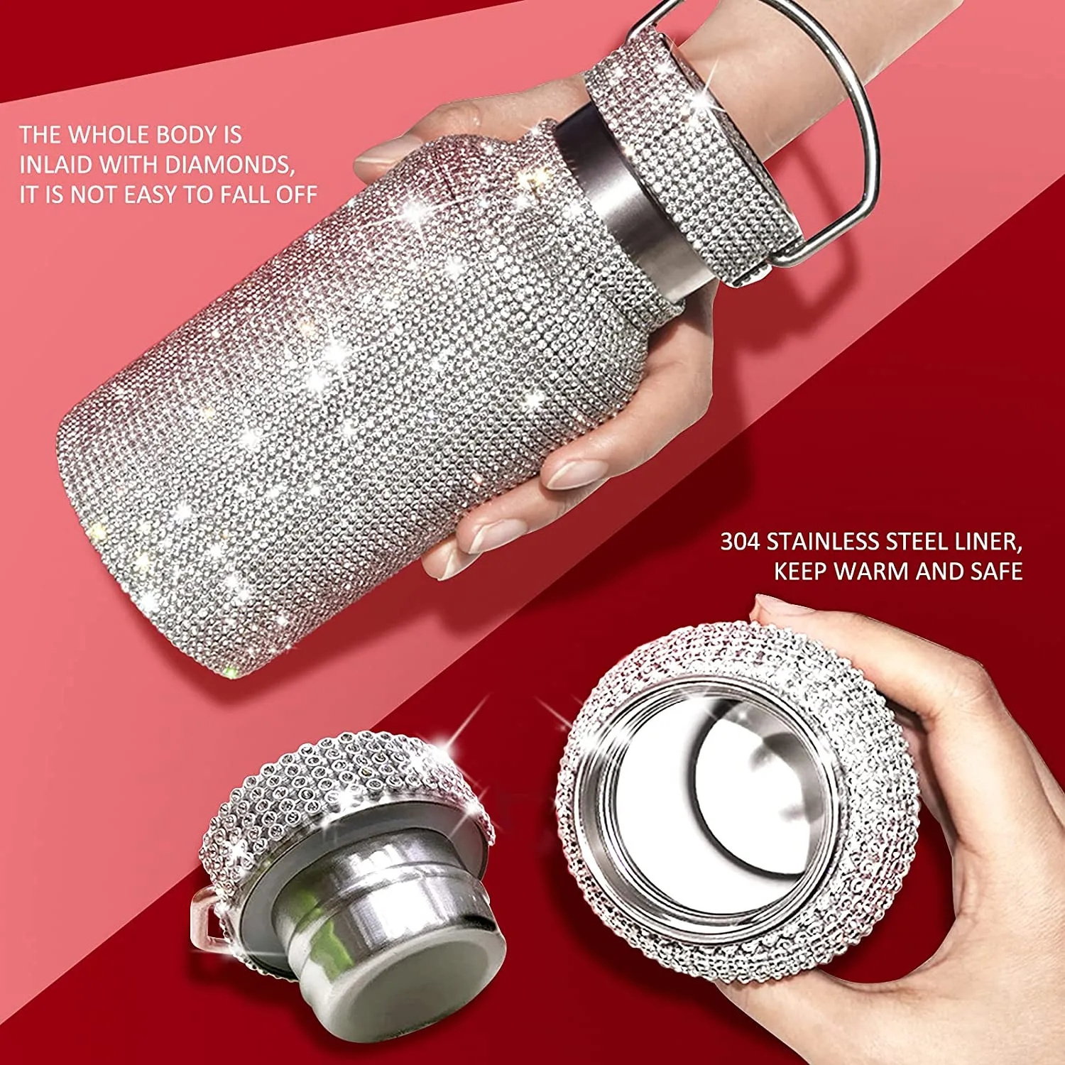 2024 New Stainless Steel Portable Bling Rhinestone Drinkware Bottles Sparkling Diamond Crystal Thermos Water Bottle With Chain