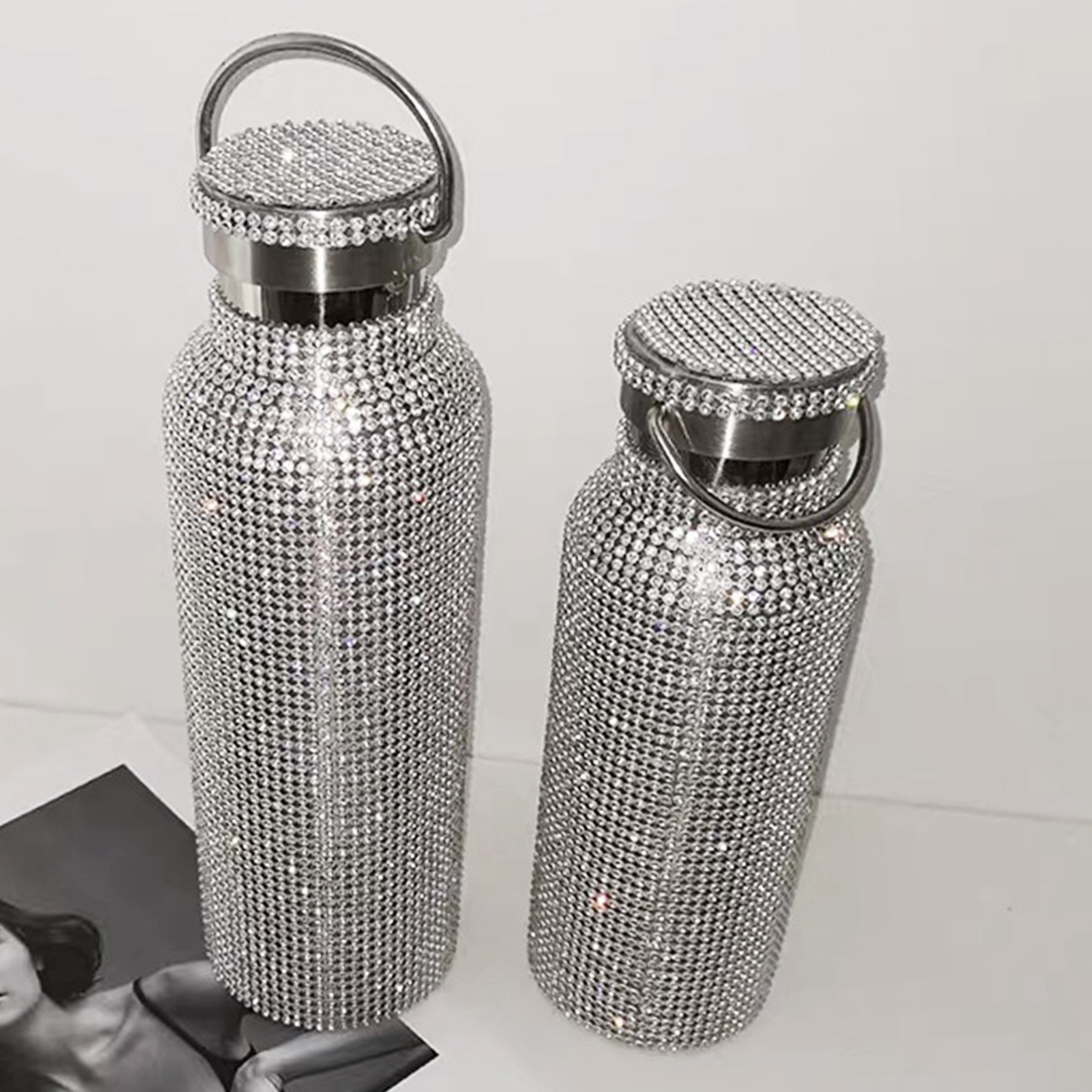 2024 New Stainless Steel Portable Bling Rhinestone Drinkware Bottles Sparkling Diamond Crystal Thermos Water Bottle With Chain