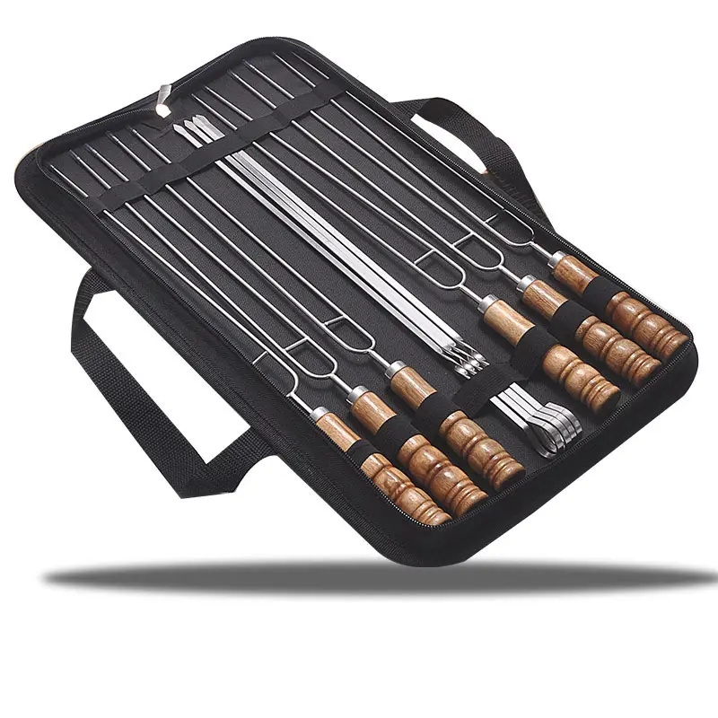 Stainless steel double-needle barbecue fork outdoor camping multi tool skewers kit 10pcs bbq sticks grill set with wooden handle