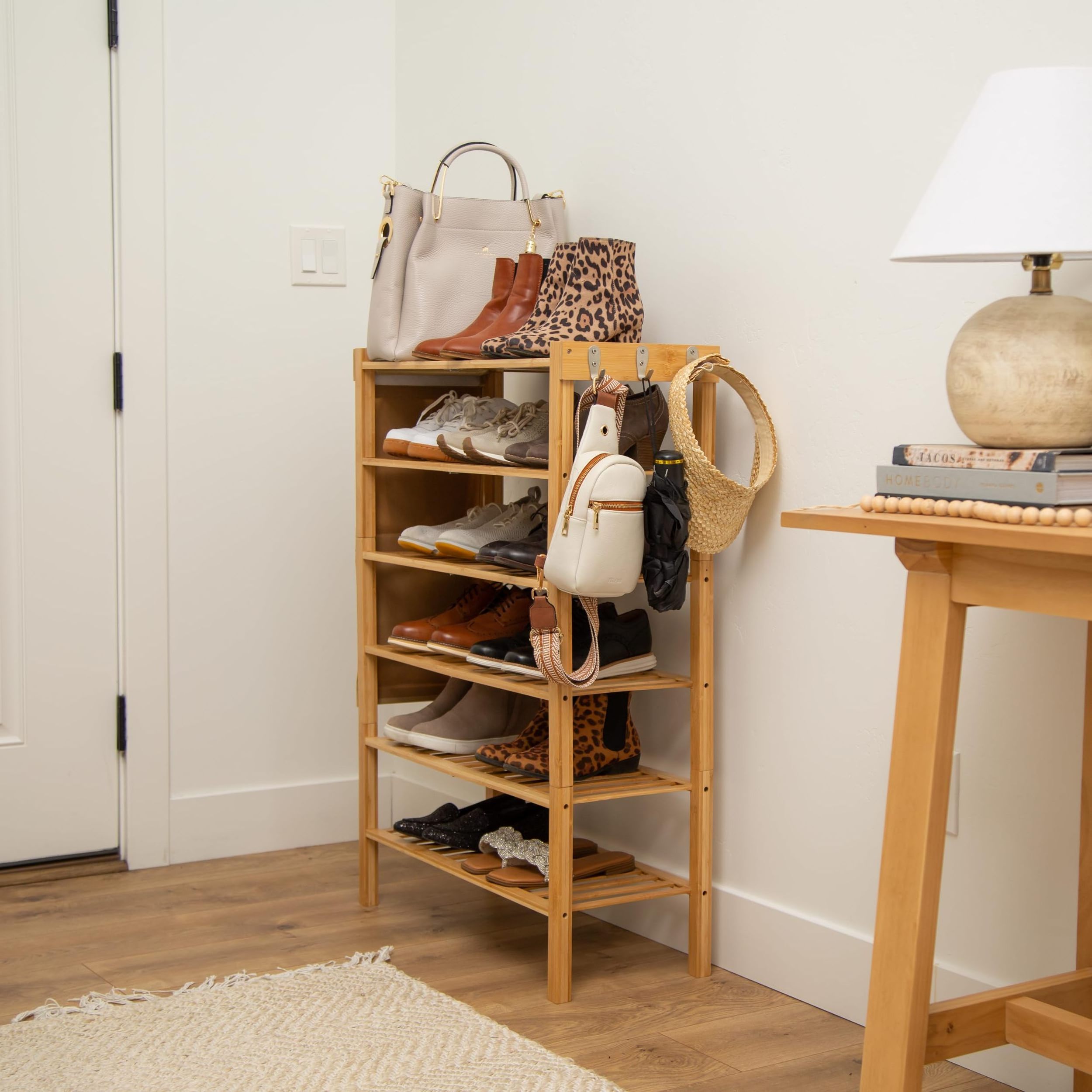 Natural bamboo narrow  organizer for closet small space shoe racks bamboo shelf organizer