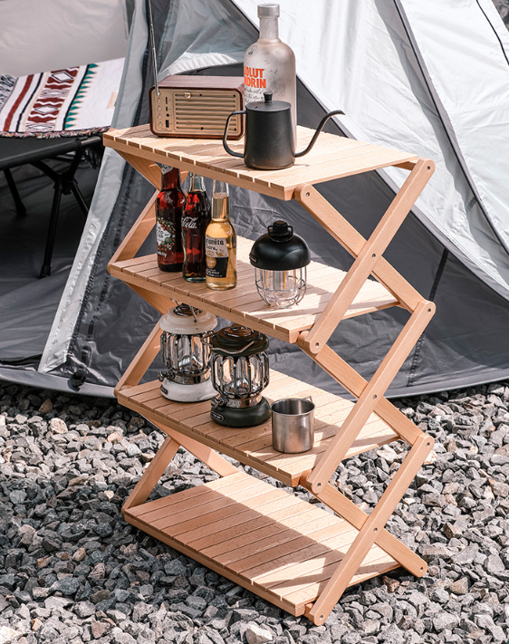 Custom 4 Tires Solid Wood Portable Folding Storage Organizer Shelf Display Rack For Outdoor Camping Bamboo Rack