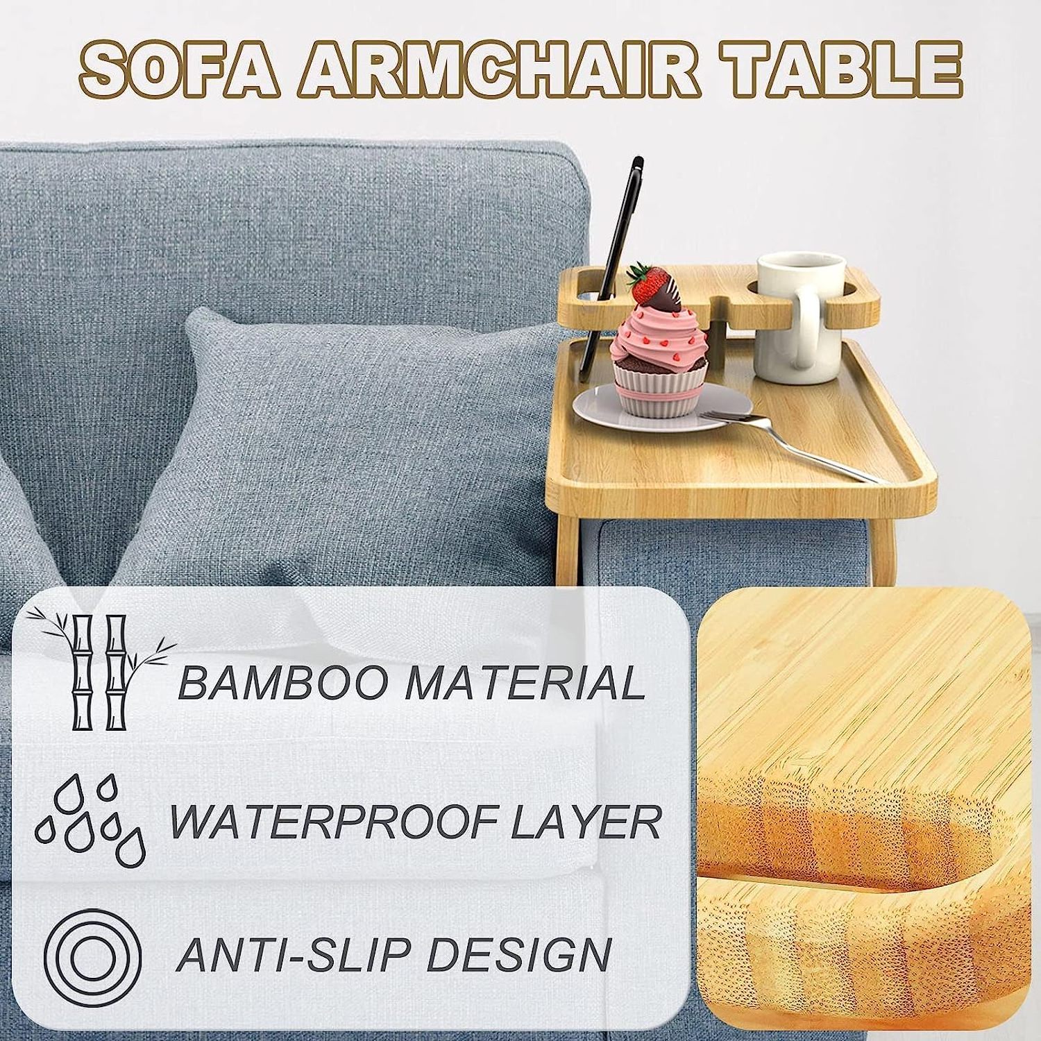 Custom Sofa Tray Table With Cup Holder And Phone Holder Bamboo Sofa Arm Tray Couch Cup Holder