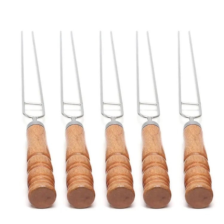 Stainless steel double-needle barbecue fork outdoor camping multi tool skewers kit 10pcs bbq sticks grill set with wooden handle