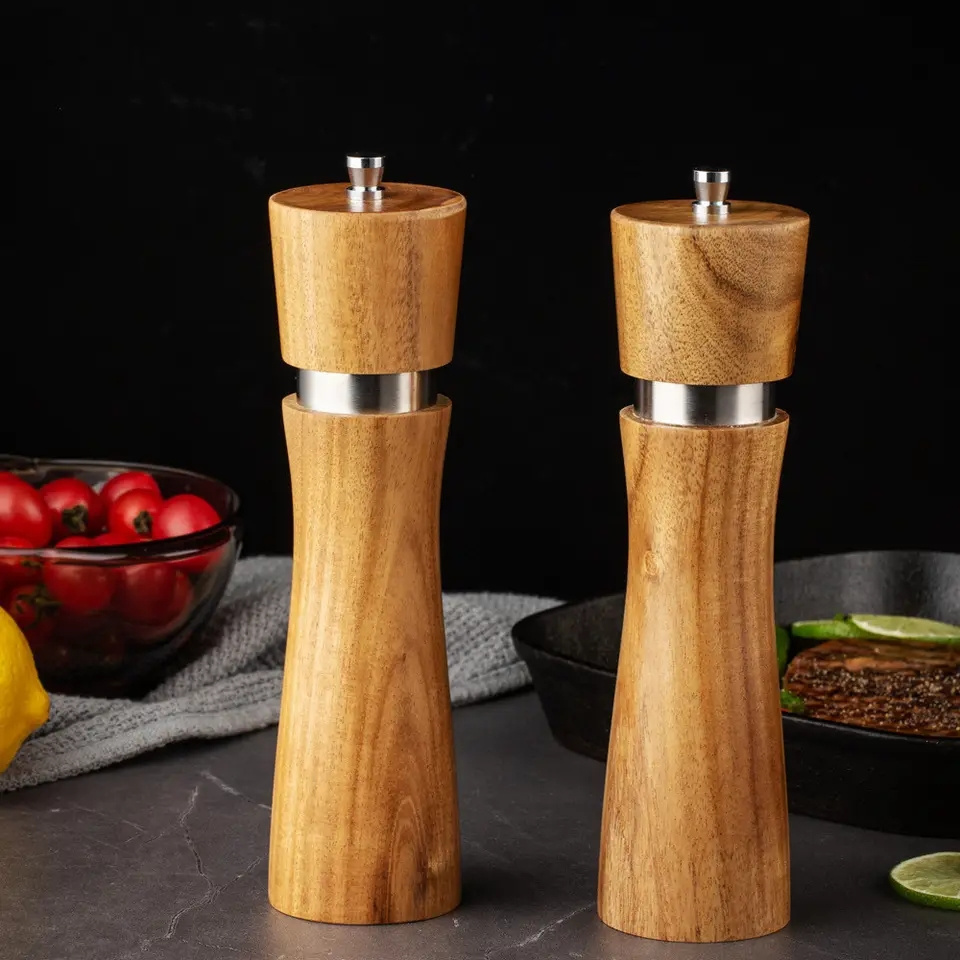 2024 Hot Sale Kitchen Tools 100% Nature Organic Wooden Spice Pepper Mill Custom Logo Manual Wood Salt and Pepper Grinder Set