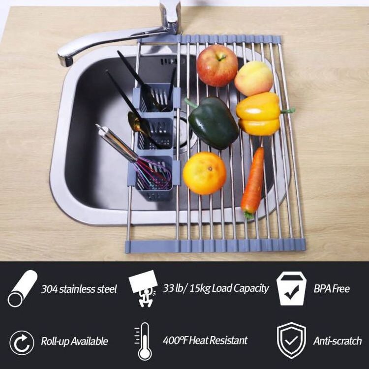 Wholesale Foldable Stainless Steel Over Sink Roll Up Dish Drying Racks With Kitchen Utensil Drainer