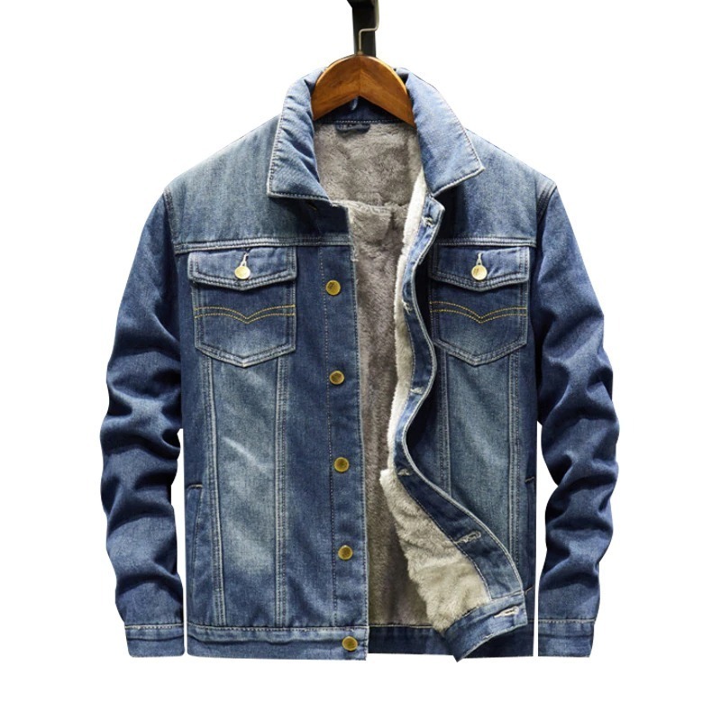 Men's light blue winter denim jacket jacket coat warm denim coat 2021 new large size wool lining thick winter denim jacket