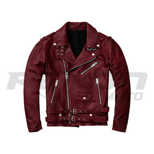 Classic Motorcycle Genuine Leather Jackets Mens Short Slim Fit Vintage Wine Red Coat Male Sheepskin Zipper Sashes Punk Jackets