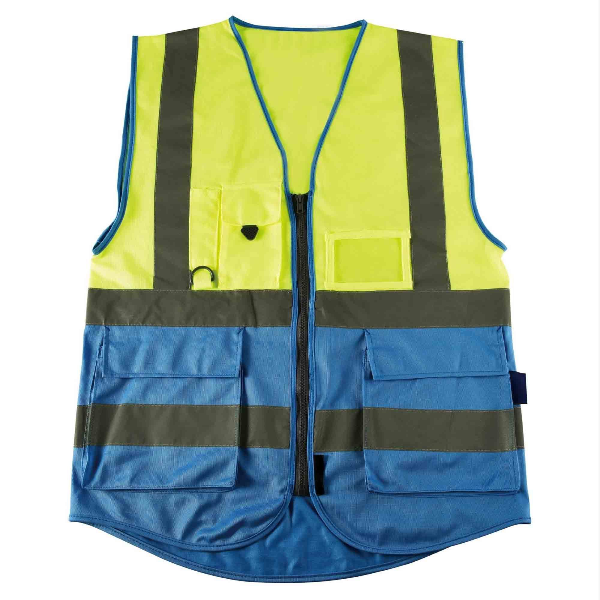 Fluorescent yellow Blue Color safety jacket cloth work place reflective vest in cheap price