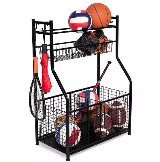 Rotating Ball Display Racks Sport Garage Sports Equipment Storage Sports Organizer With Baskets Hooks