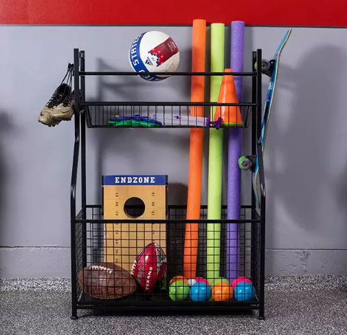 Rotating Ball Display Racks Sport Garage Sports Equipment Storage Sports Organizer With Baskets Hooks