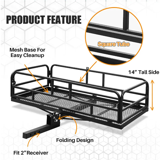 Foldable folding rear rack luggage trailer hitch mount cargo carrier basket for car suv pick up truck camping traveling