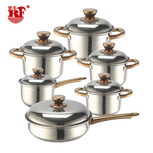 RF Yincai 12pcs Cookware Set Cooking Pots and Pans Stainless Steel Casseroles with Golden Flat Tube Handle Stainless Steel Lid