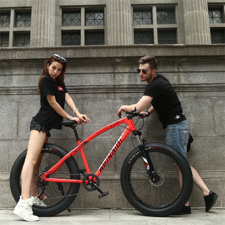 Popular fashion suspension 26 steel frame rim 21 speed 3.0 tire disc brake fat tire beach snow mountain bike for men