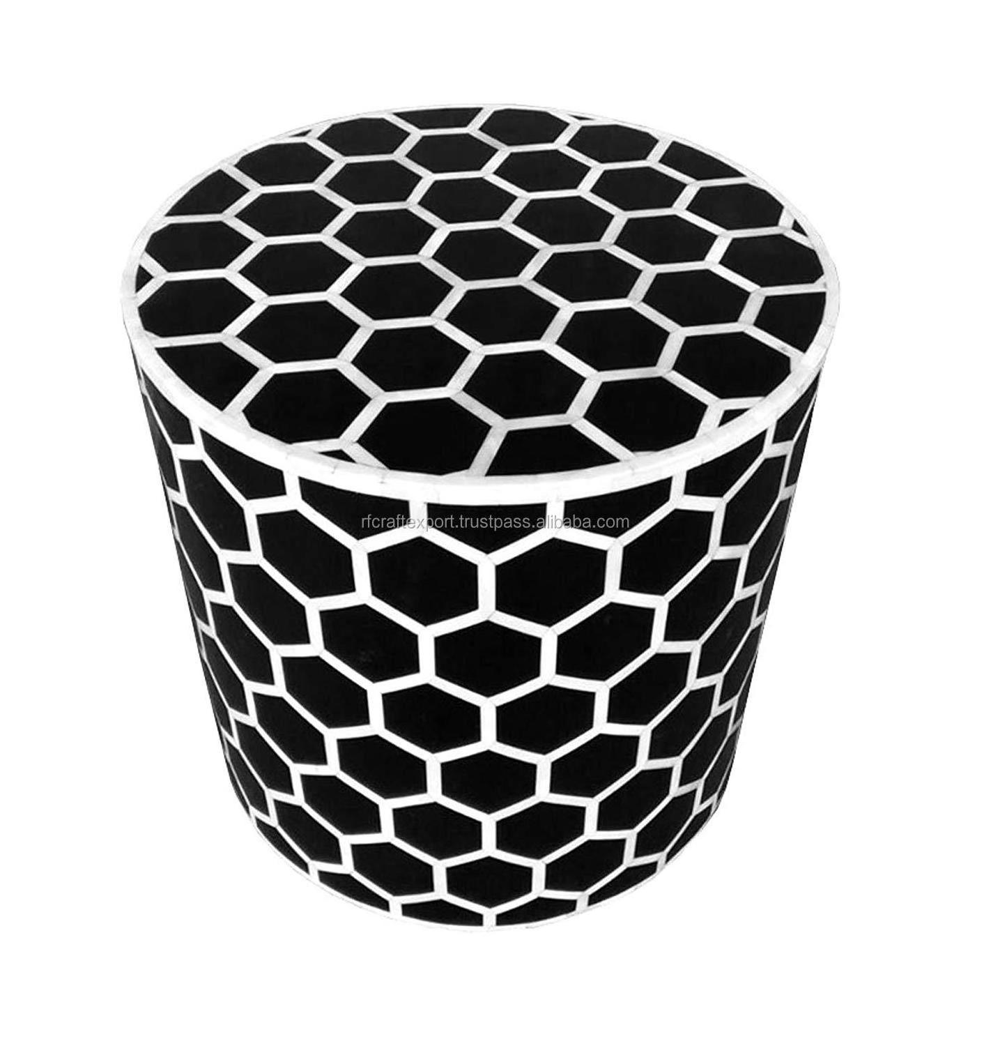 HandmadeCocktail honeycomb round Table Bone Inlay Coffee Table Round Striped Design in Black and White Bone Inlay bedside table