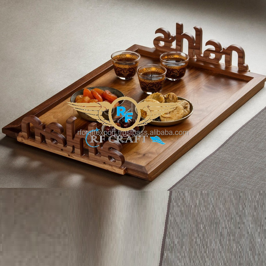 Decorative Serving Tray with  wooden HandlesTray for Breakfast in Bed Ottoman Coffee Table Luxury Serving Trays for ramadan