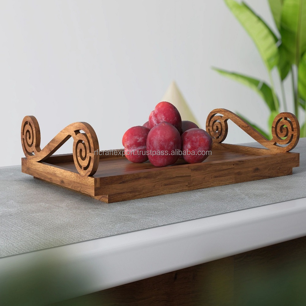 Decorative Serving Tray with  wooden HandlesTray for Breakfast in Bed Ottoman Coffee Table Luxury Serving Trays for ramadan