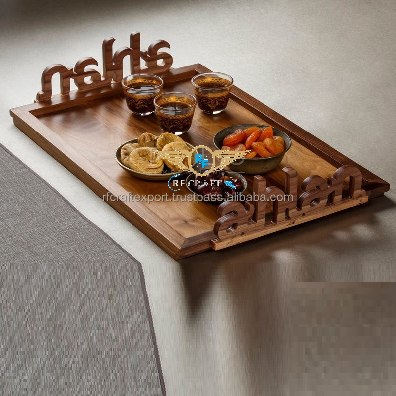 Decorative Serving Tray with  wooden HandlesTray for Breakfast in Bed Ottoman Coffee Table Luxury Serving Trays for ramadan