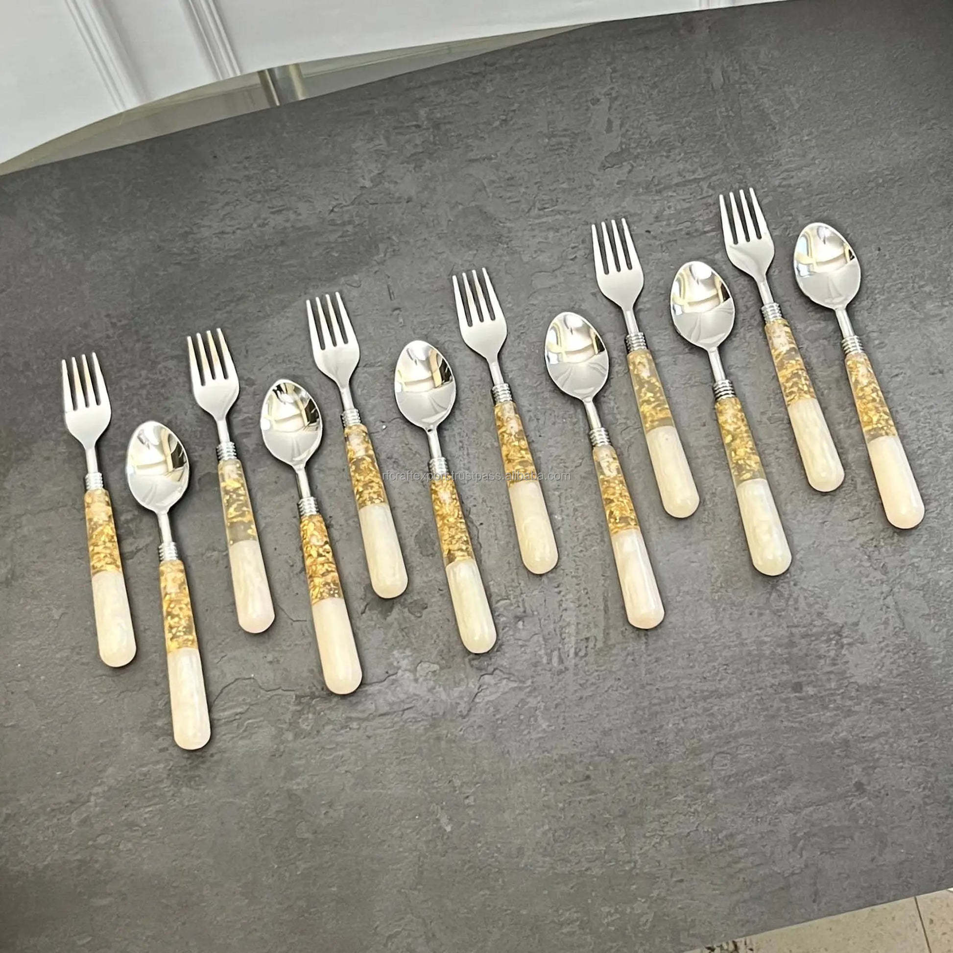 Wholesale resin metal flatware set of 12 for kitchen & restaurant custom size brass flatware spoon & fork by RF Crafts