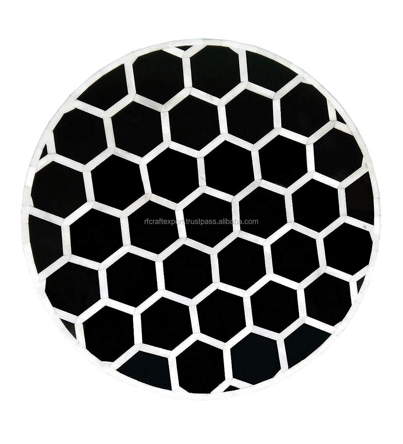 HandmadeCocktail honeycomb round Table Bone Inlay Coffee Table Round Striped Design in Black and White Bone Inlay bedside table