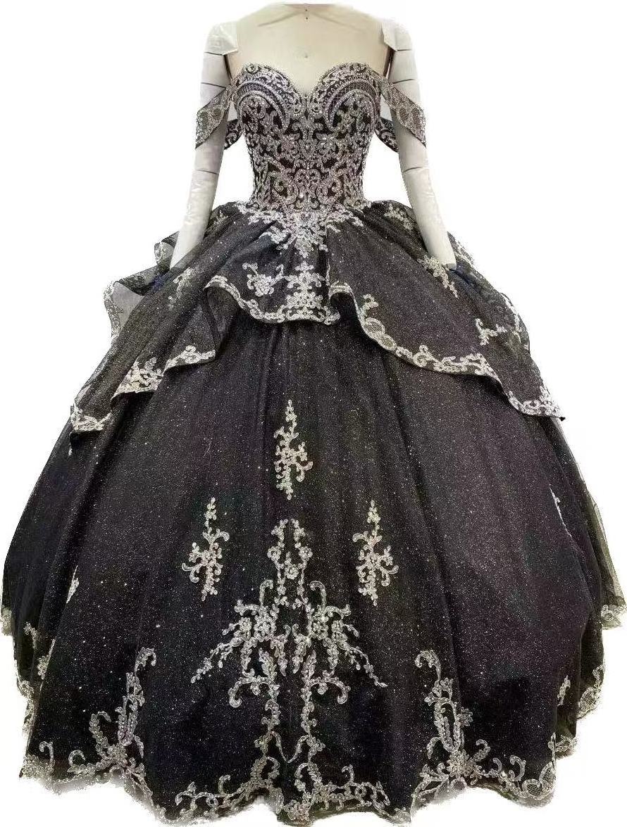 Off shoulder western black gold elegant quinceaneras dress new for 2023