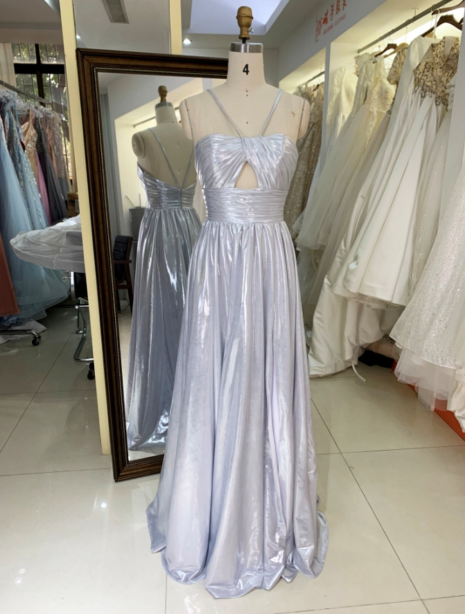 2024 Rose gold silver hand pleated sleeveless satin A line zipper up back prom bridesmaid dresses