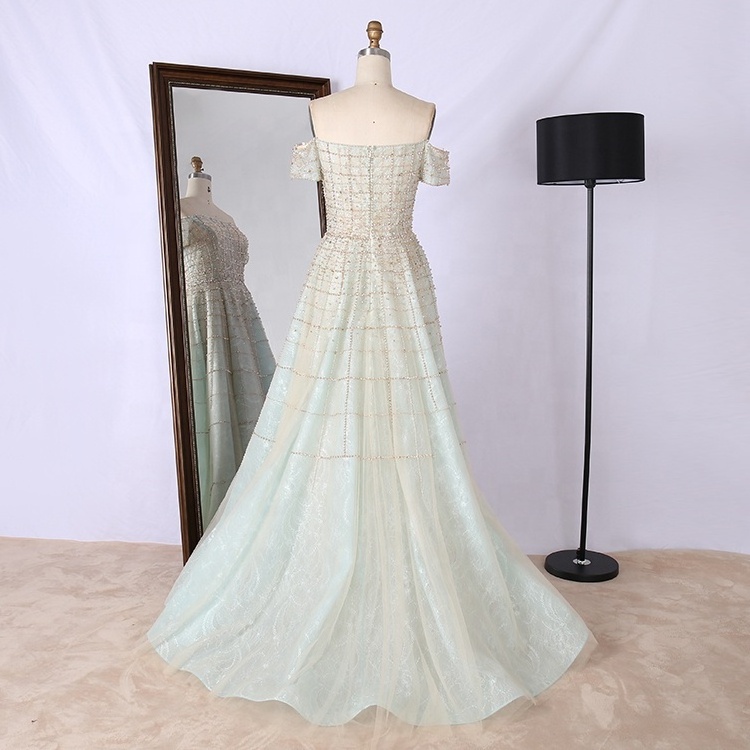 Mint color Off Shoulder A Line ball gown full  hand Beaded glitted fabric Formal Evening Dresses