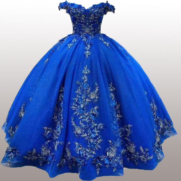 Royal blue flower embroidery off shoulder dress prom ball gown dress for women