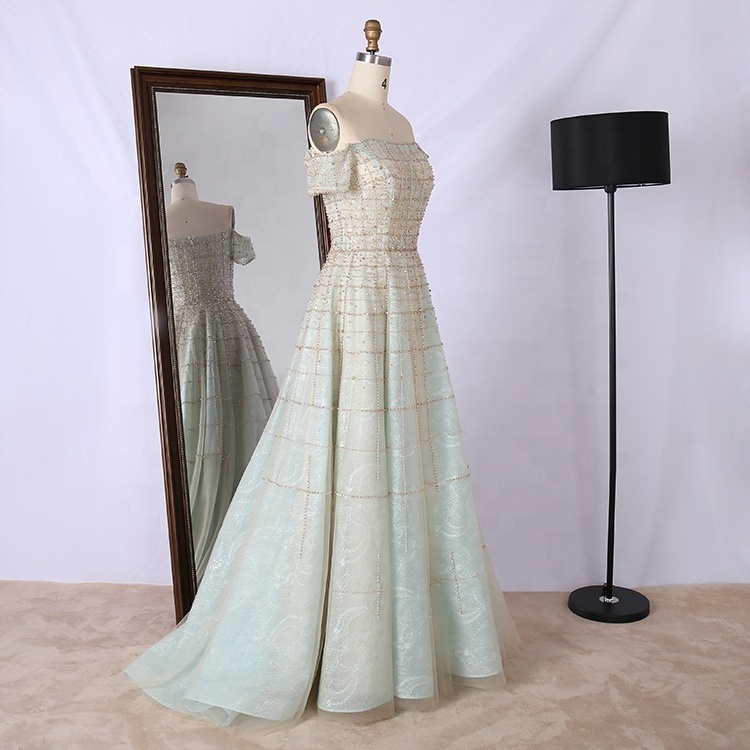 Mint color Off Shoulder A Line ball gown full  hand Beaded glitted fabric Formal Evening Dresses