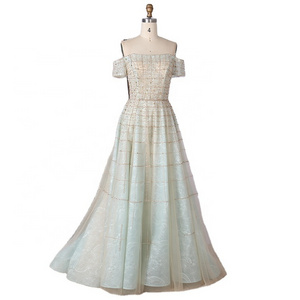 Mint color Off Shoulder A Line ball gown full  hand Beaded glitted fabric Formal Evening Dresses