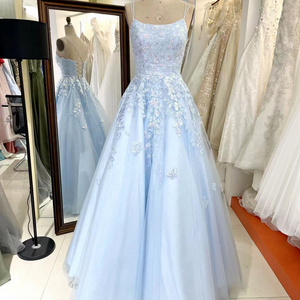 Light blue butterfly pattern lace applique embroidery Buy Ball Gown Prom Dresses 2025 with tulle lace up back wholesale