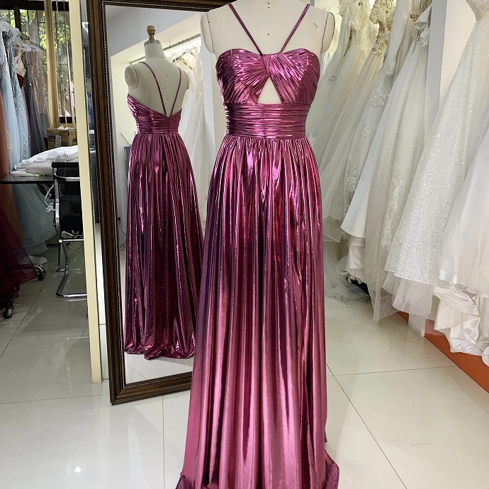 2024 Rose gold silver hand pleated sleeveless satin A line zipper up back prom bridesmaid dresses