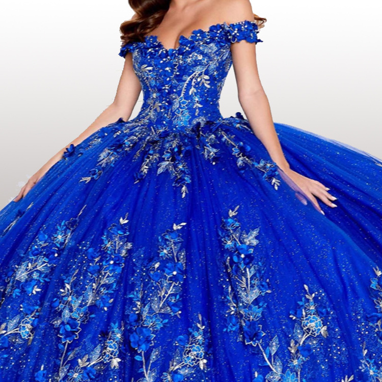 Royal blue flower embroidery off shoulder dress prom ball gown dress for women