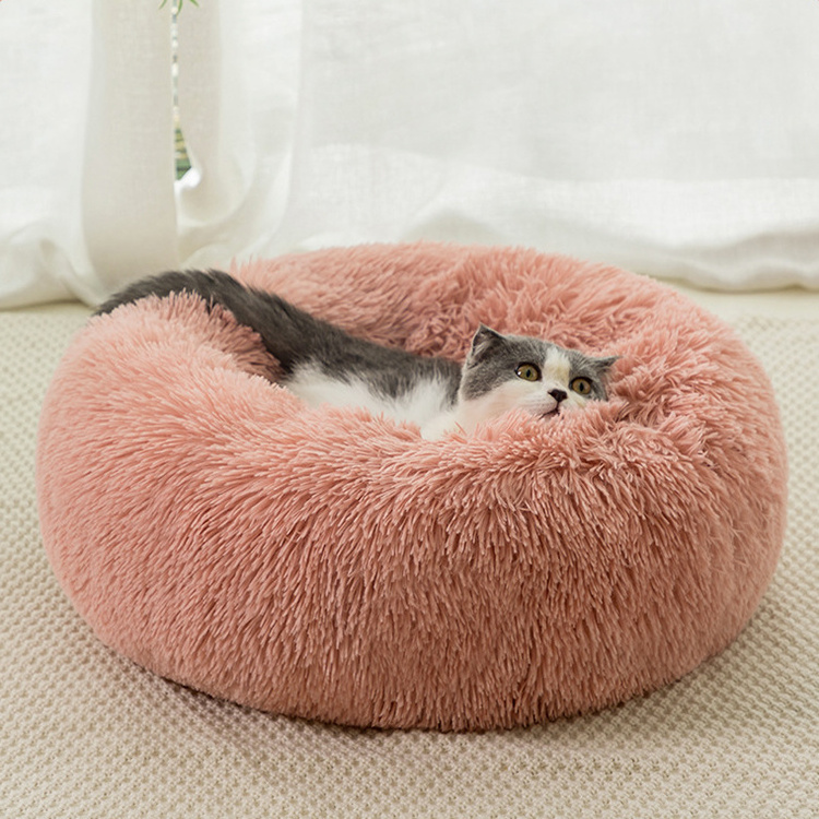 Waterproof Washable Small Round Sofa Fluffy Plush Anti Anxiety Calming Donut Foam Cat Dog Pet Beds