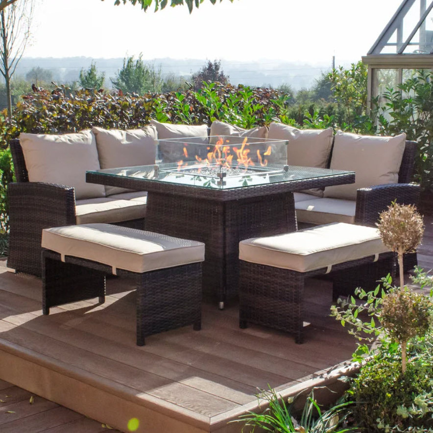 Rattan Sofa Set with Corner Sofa and Dining Table Wicker Garden Furniture Patio Furniture with Fire Pit