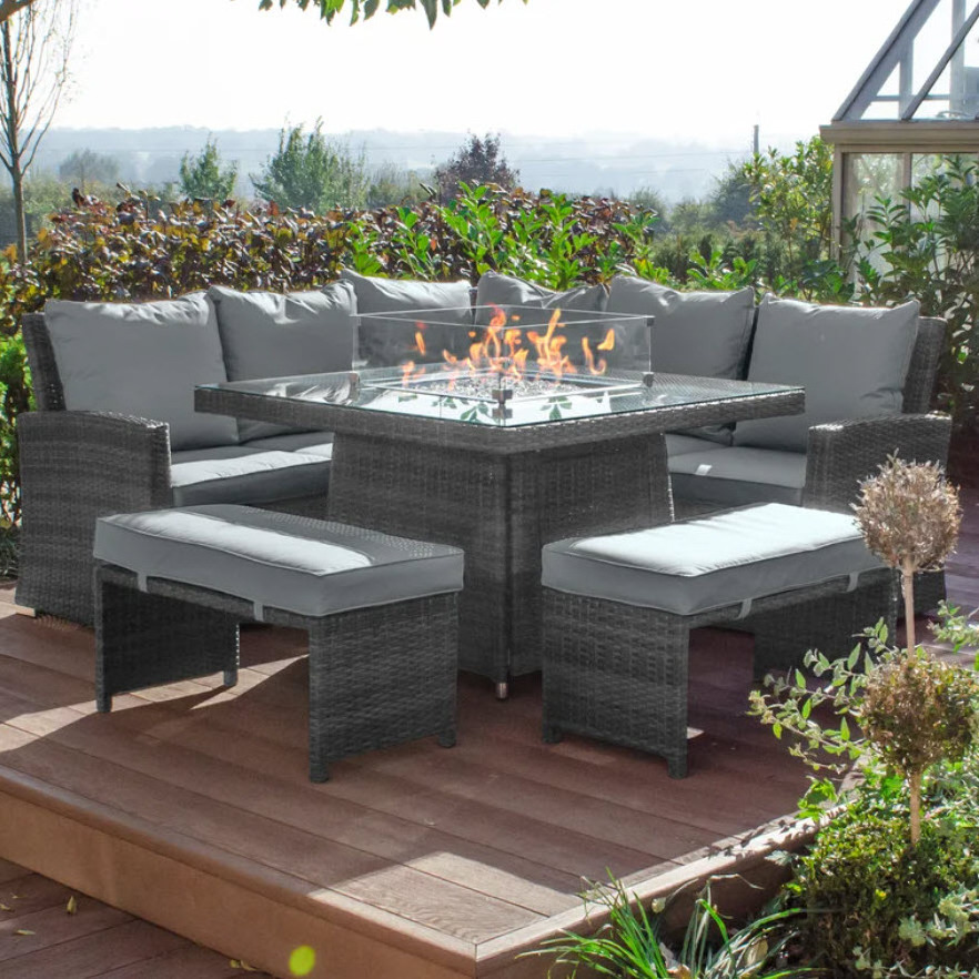 Rattan Sofa Set with Corner Sofa and Dining Table Wicker Garden Furniture Patio Furniture with Fire Pit