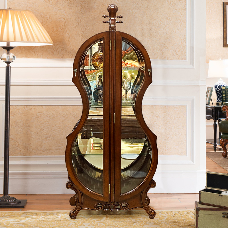 2023 New design American style Violin Shape with glass door wine display living room wooden Storage Cabinet