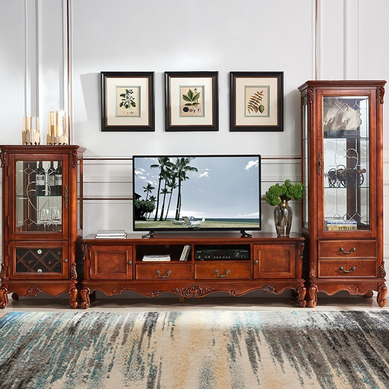 Classical design TV cabinet Wooden Carving living room cabinet American style solid wood TV stand Luxury wine cabinet