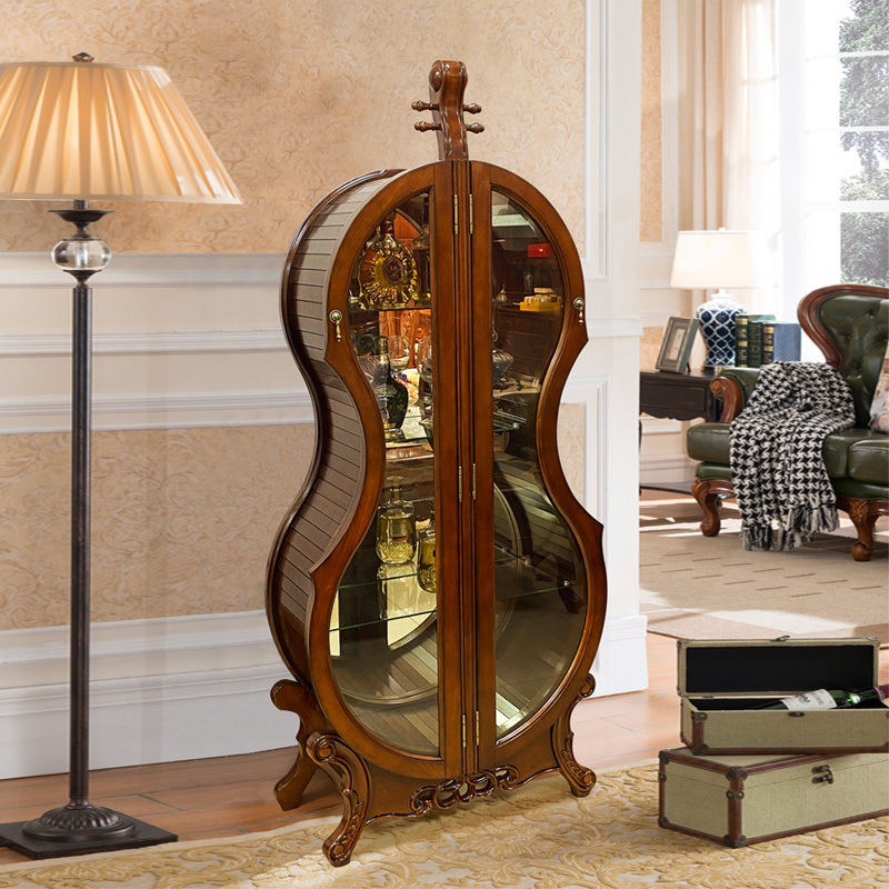 2023 New design American style Violin Shape with glass door wine display living room wooden Storage Cabinet