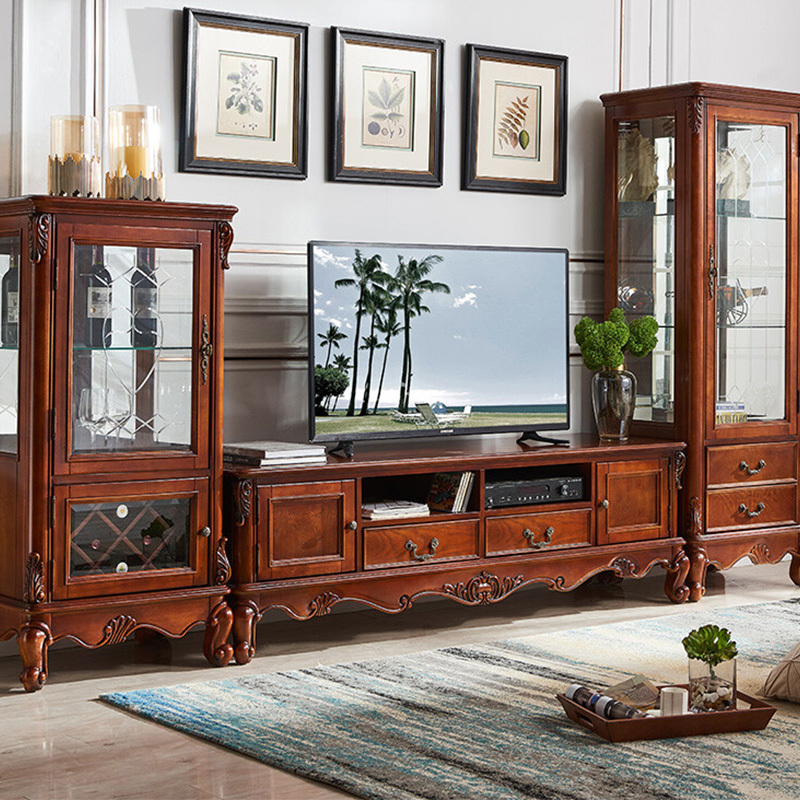 Classical design TV cabinet Wooden Carving living room cabinet American style solid wood TV stand Luxury wine cabinet