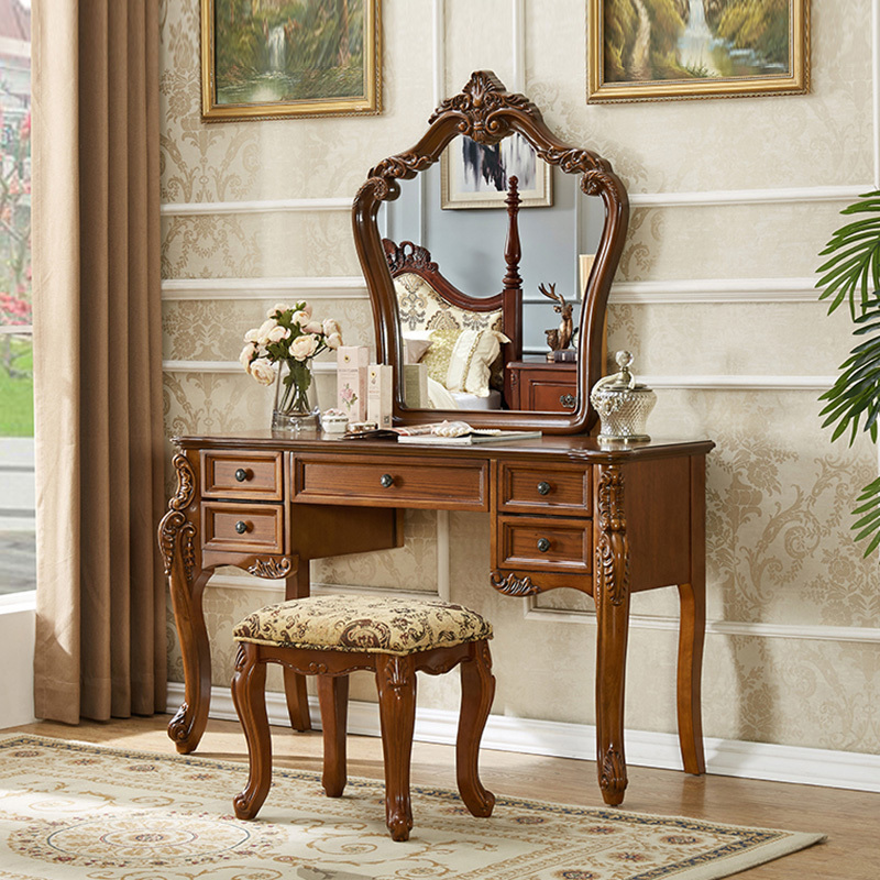 Wholesale makeup table with mirror solid wood carved dressing table with 5 drawers European style home furniture hotel furniture